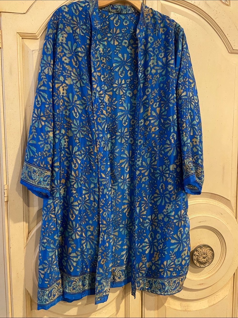 Blue Floral Kimono with Decorative Border